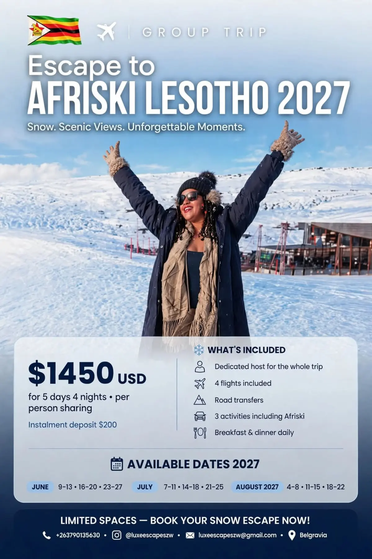 Flyer for Afriski, Lesotho group trip 2027 from Luxe Escapes ZW