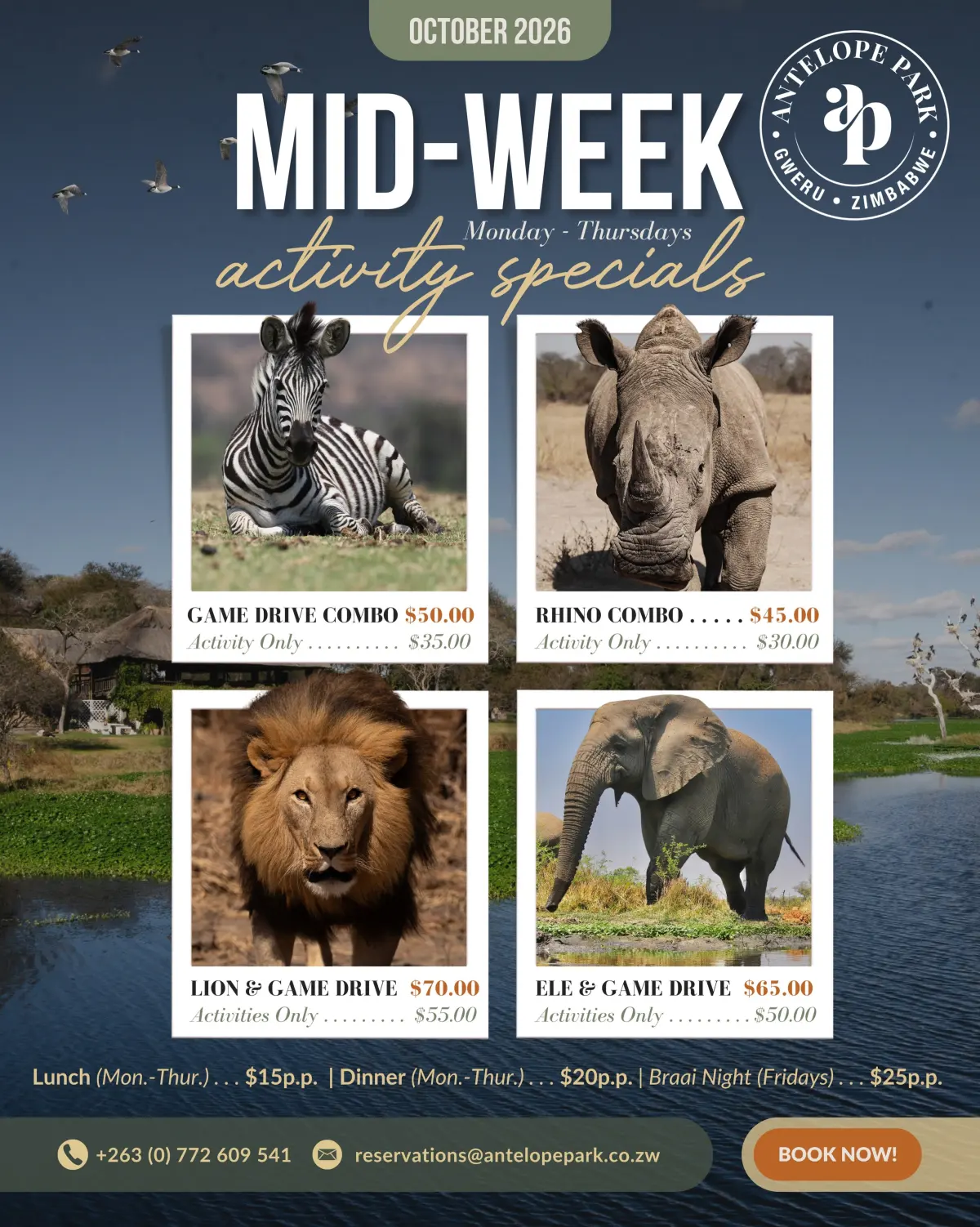 Flyer for Antelope Park mid-week activity specials from Antelope Park