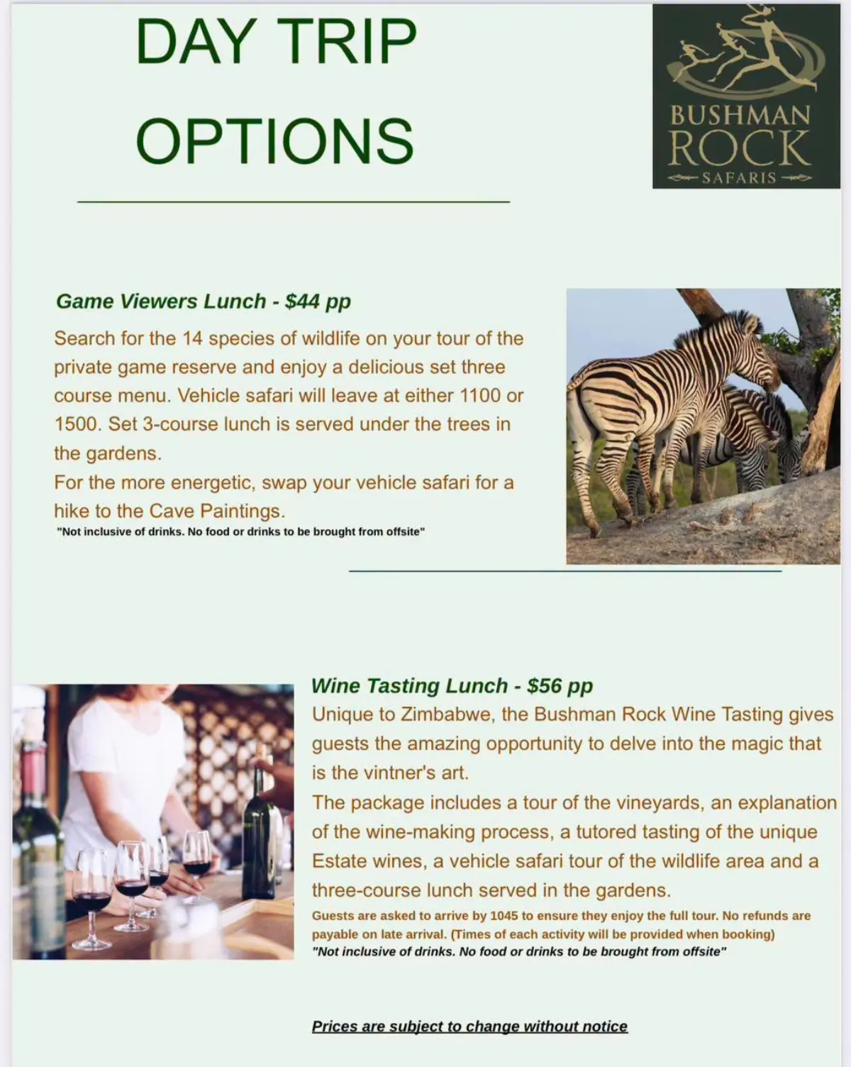 Flyer for Bushman Rock day trips: game viewers' and wine tasting lunches from Bushman Rock Safaris