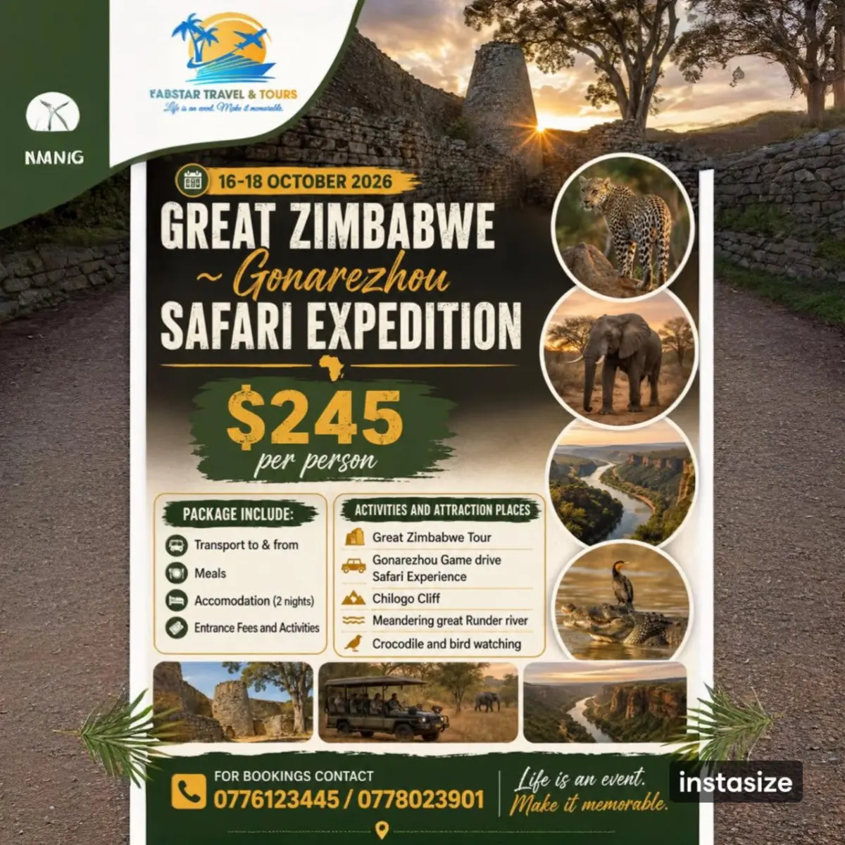 Flyer for Great Zimbabwe and Gonarezhou safari weekend from Fabstar Travel & Tours