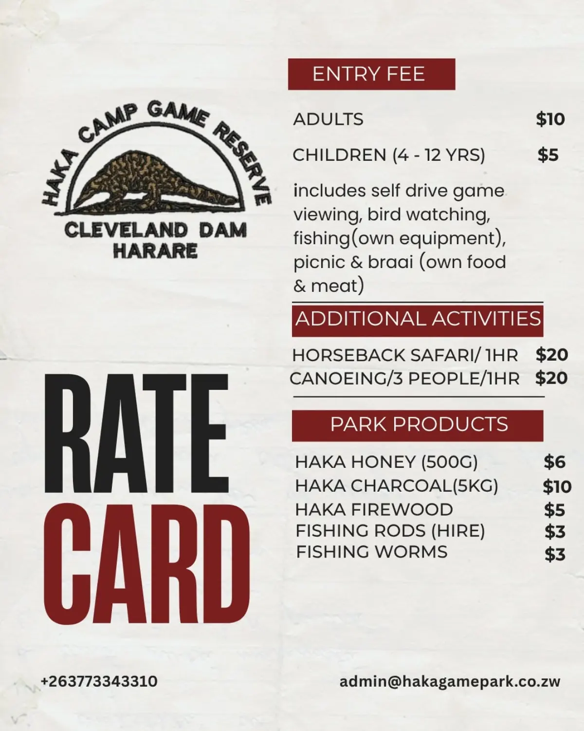 Flyer for Haka Game Park day visit and activities from Haka Game Park