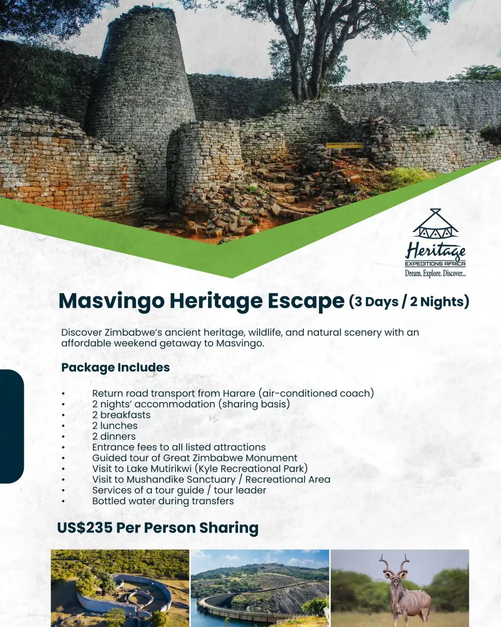 Flyer for Masvingo heritage escape from Heritage Expeditions Africa