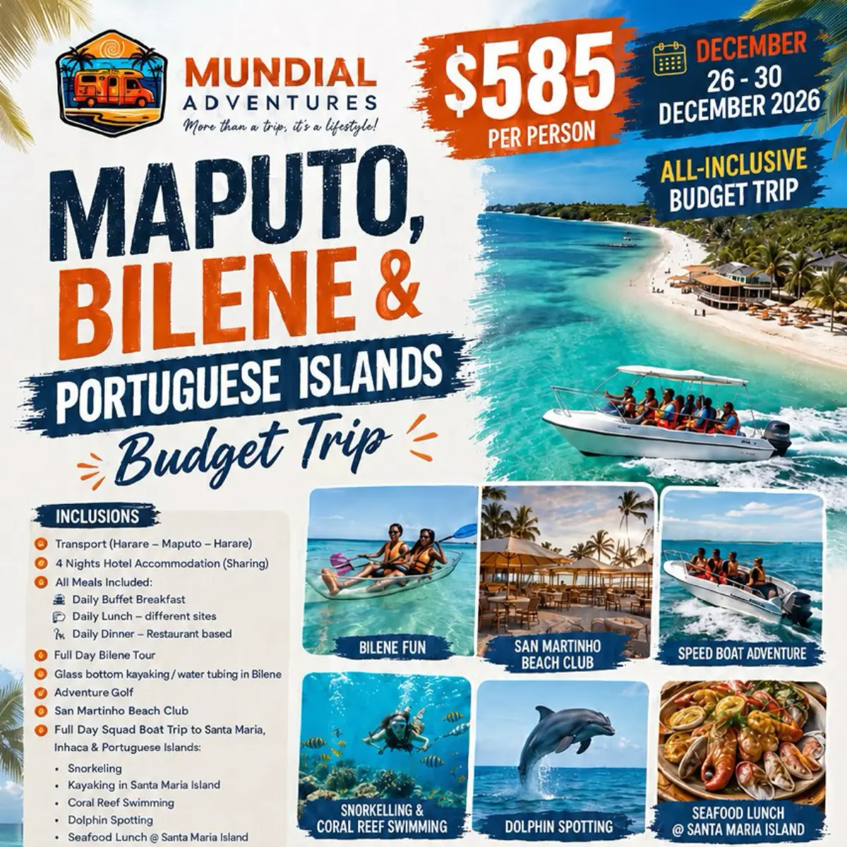 Flyer for Mundial Adventures Maputo, Bilene and Portuguese Islands budget trip from Mundial Adventures