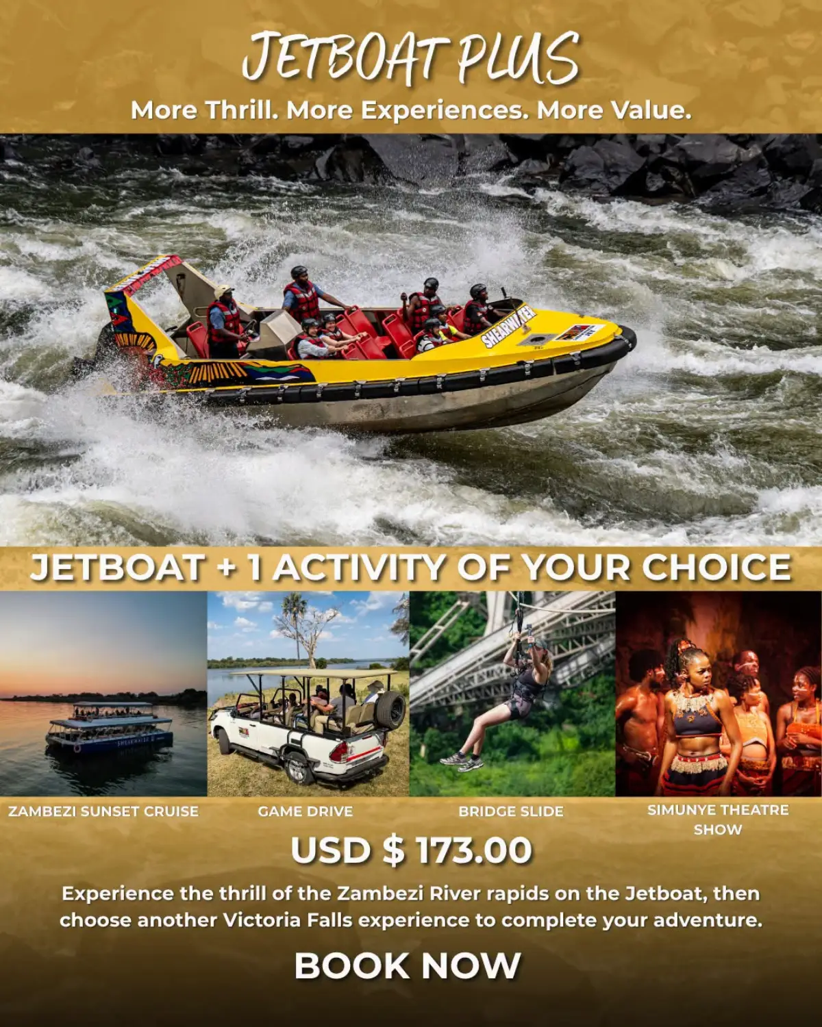 Flyer for Jetboat Plus: jetboat and one more Victoria Falls activity from Shearwater Victoria Falls
