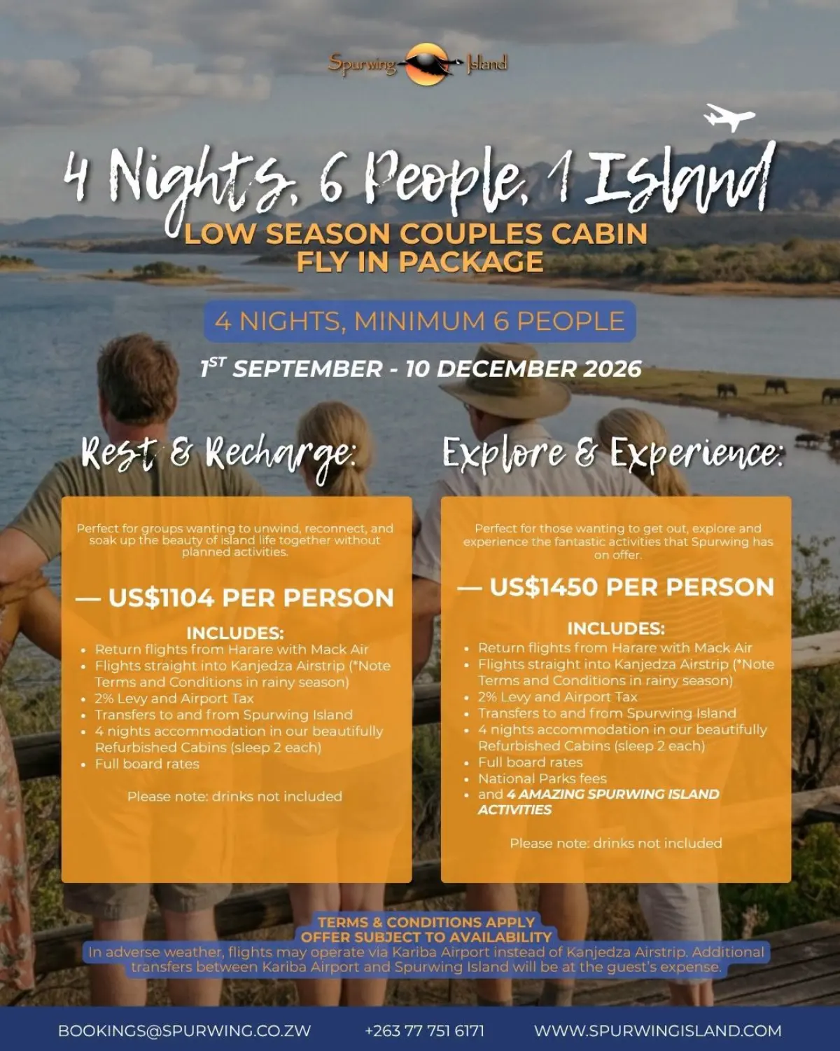 Flyer for Spurwing Island low-season couples cabin fly-in from Zambezi Drift, Spurwing Island