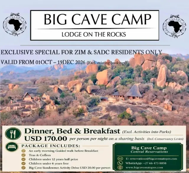 Flyer for Big Cave Camp resident special: dinner, bed and breakfast