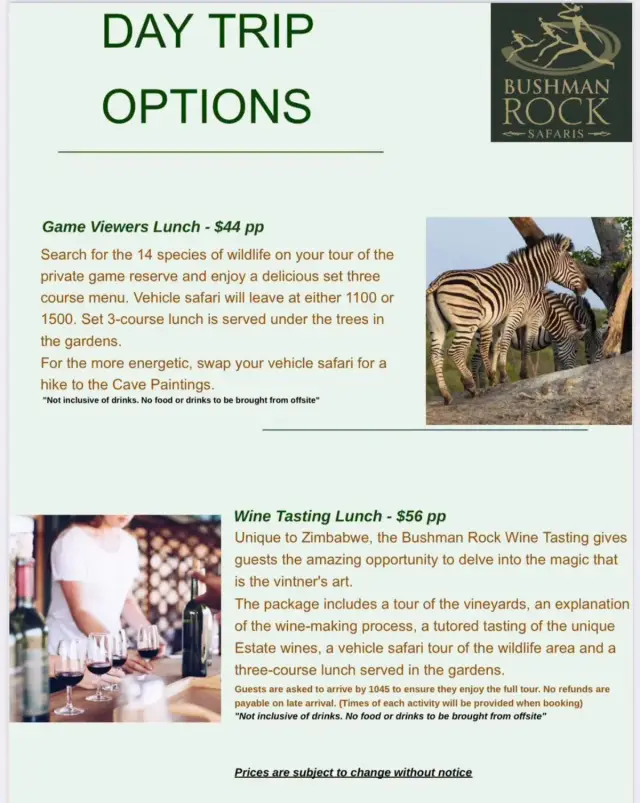 Flyer for Bushman Rock day trips: game viewers' and wine tasting lunches