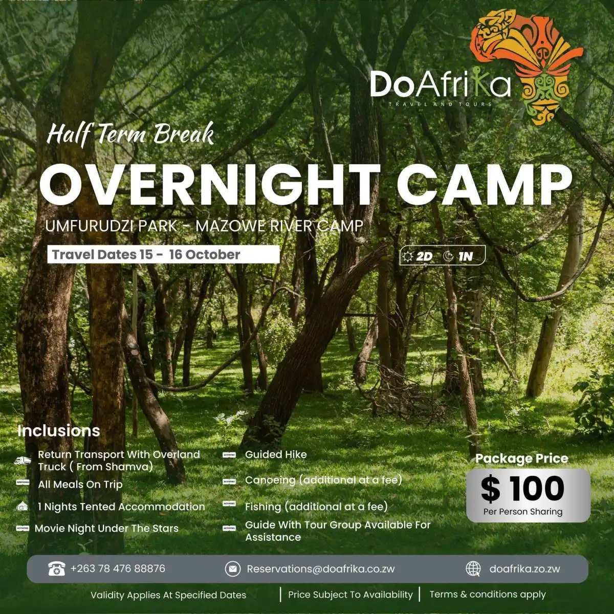 Flyer for Half-term overnight camp at Umfurudzi from Do Afrika Travel And Tours