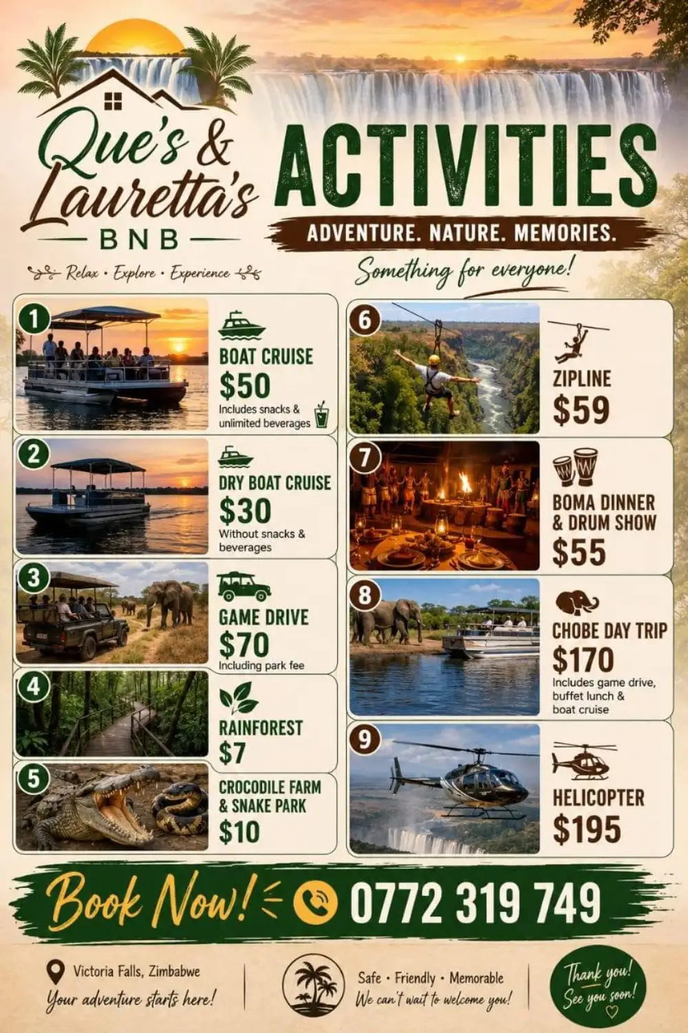 Flyer for Victoria Falls activity rates from Que's & Lauretta's BnB