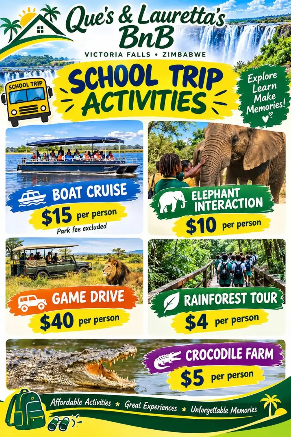 Flyer for Victoria Falls school trip rates from Que's & Lauretta's BnB