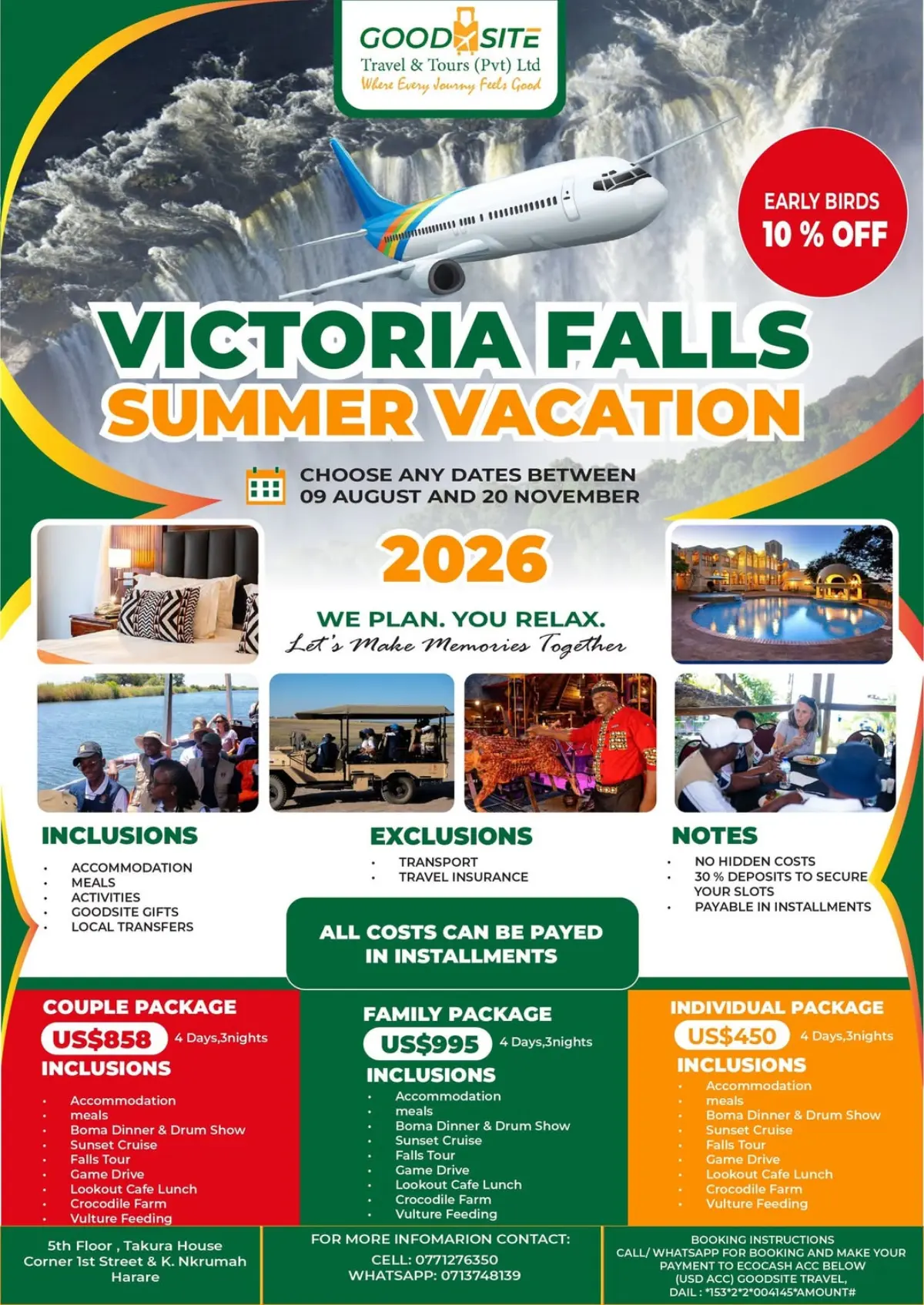 Flyer for Victoria Falls summer vacation from Goodsite Travel & Tours
