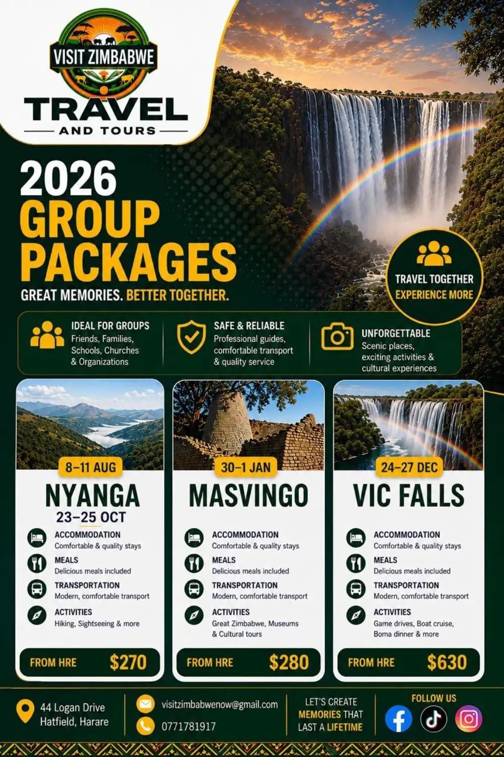 Flyer for Victoria Falls festive group package from Visit Zimbabwe Travel and Tours